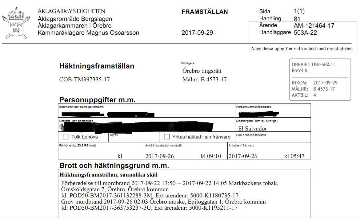 Multikriminell från El Salvador häktad för moskébranden i Örebro