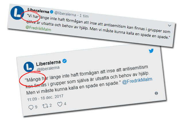 Liberalerna ändrade tweet – vill inte kännas vid sitt eget ansvar för antisemitismen
