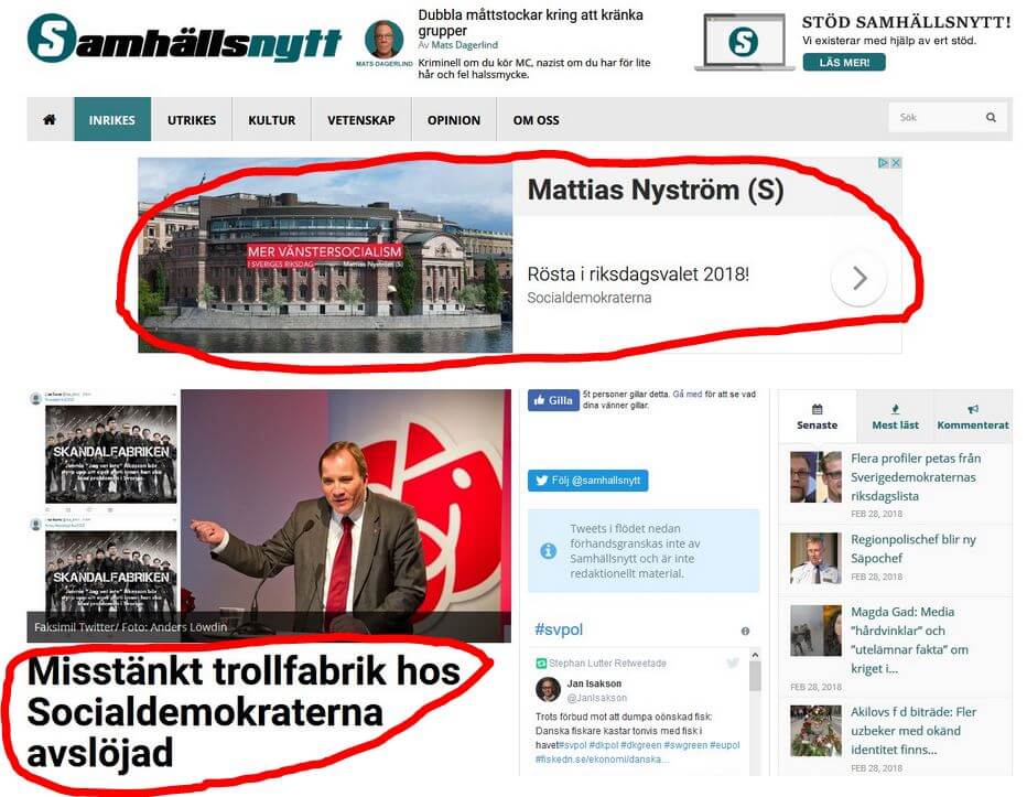 Socialdemokraterna marknadsför sig på Samhällsnytt – i artikel om sin egen trollfabrik