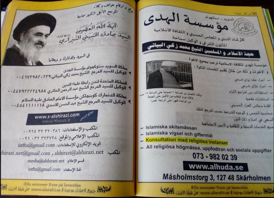 ”Konsultation med religiösa instanser” erbjuds i gratis reklamkatalog på arabiska i Stockholm