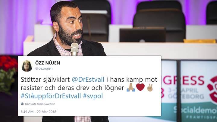 Özz Nûjen stöder Estvall i ”hans kamp mot rasister och deras drev och lögner”