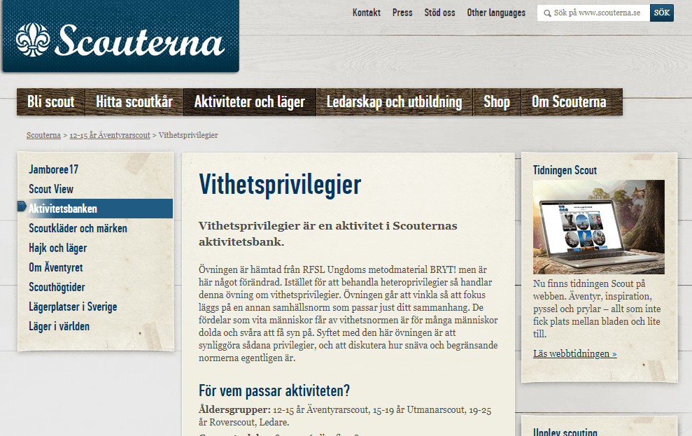 Scouterna har en övning i ”vithetsprivilegier” – ska visa de dolda fördelarna med att vara vit