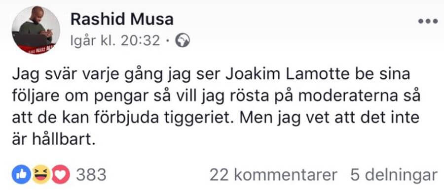 Rashid Musa till attack mot Joakim Lamotte – jämförs med Ku Klux Klan