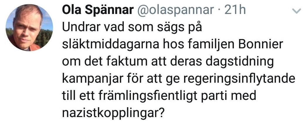 Centerpartiets kommunikationschef i attack mot familjen Bonnier – antyder att familjen konspirerar för att ge makten till SD