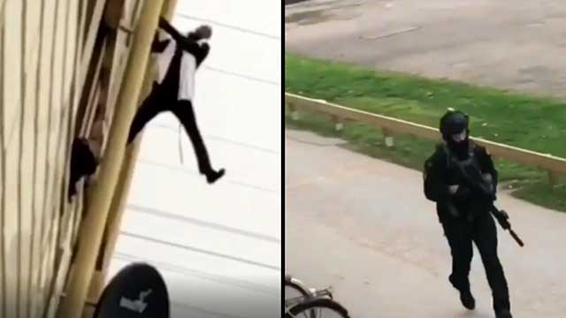 VIDEO: Insatsstyrkan grep aggressiv man – hotade med kniv och kastade kokande vatten från lägenheten