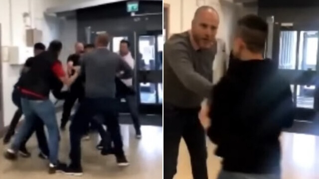 VIDEO: Gängslagsmål i gymnasieskola – sparkade elev som låg ner och rutor krossades