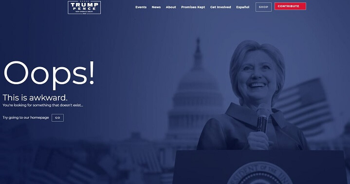 Trump trollar Demokraterna och Hillary Clinton med felmeddelande på hemsida