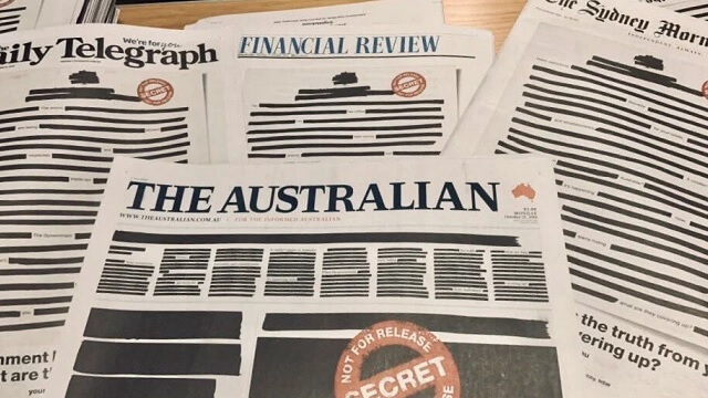 Överstruken text på Australiens tidningar i protest mot statlig sekretess