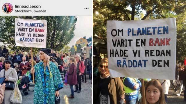 Linnea Claeson anklagas posera för bild på klimatdemonstrationen – med någon annans skylt