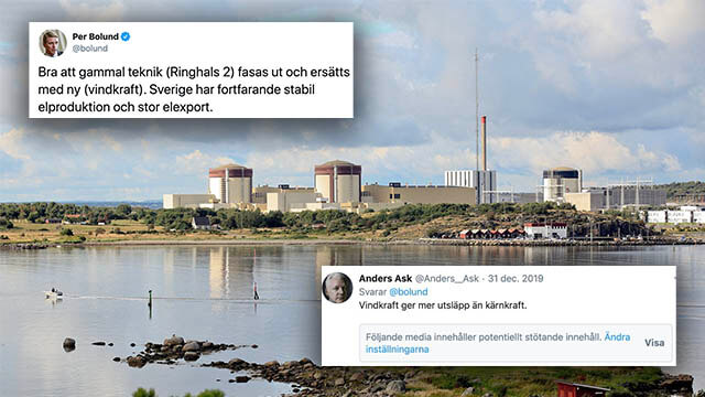 Twitter la varningstext på inlägg som var kritiskt mot vindkraft