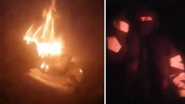 VIDEO: Här bränner maskerat gäng bilar: ”Knulla polisen mannen”