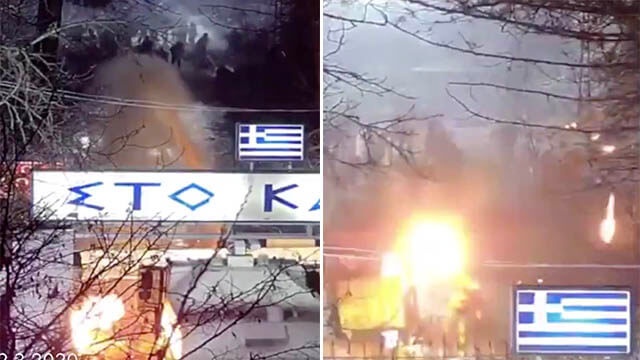 Här kastar de illegala invandrarna ett regn av brandbomber mot grekiska gränsvakter