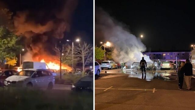 VIDEO: Kraftiga smällar när elva bilar brann i bostadsområde – polisen har ingen misstänkt