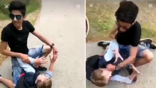 VIDEO: ”Musse” sätter sig över svensk pojke – matar slag med knutna nävar