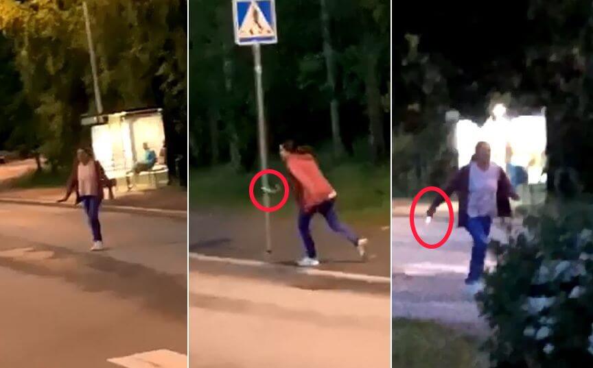 VIDEO: Här jagar den galna kvinnan ungdomar med kniv – ”Ska jag skära huvudet av dig?”