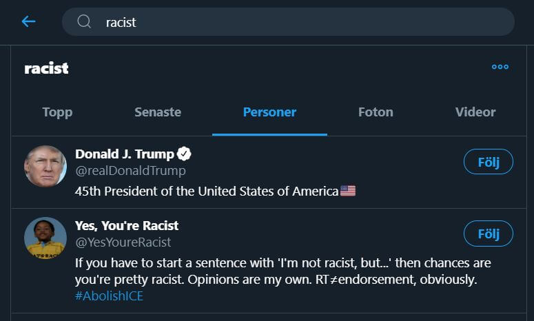 Twitter: Trump första sökresultat på ”rasist”