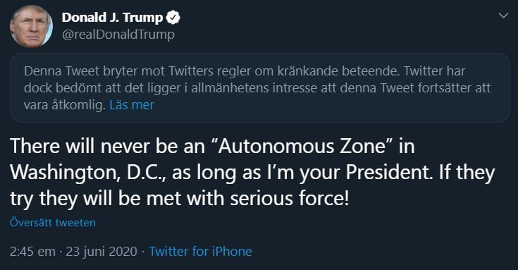 Twitter lägger ny varningstext på utspel av Trump