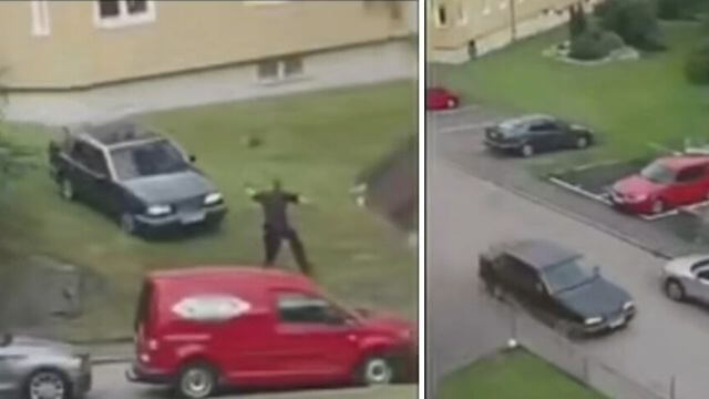 VIDEO: Polisen jagar känd kriminell – öppnar eld i bostadsområdet