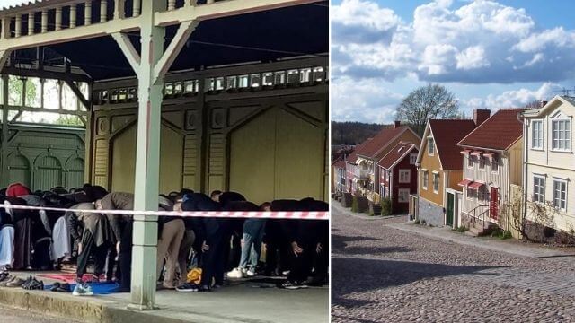 Klartecken för islamisk massbön med högtalarutrop i Ronnebys folkkära brunnspark