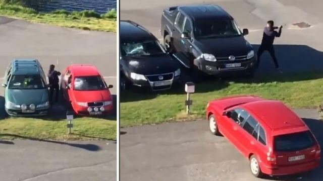 VIDEO: Man löper amok vid parkering i Boden – slår sönder flera bilar
