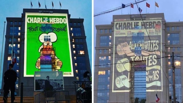 Gigantiska Muhammed-karikatyrer återges på franska stadshus