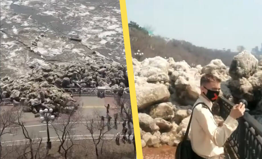 VÅRTECKEN: Här demoleras promenaden av islossning