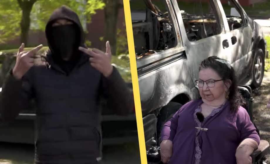 Rullstolsburna Leila fick sin handikappbil uppbränd – ”Vi ska bränna fler såna här bilar”