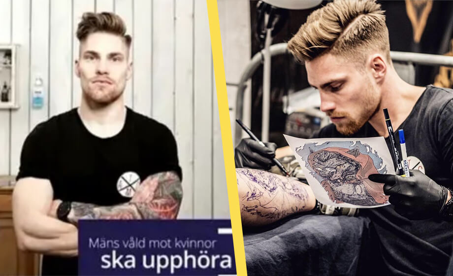 Tysk tatuerare fick symbolisera mäns våld mot kvinnor under svensk pressträff