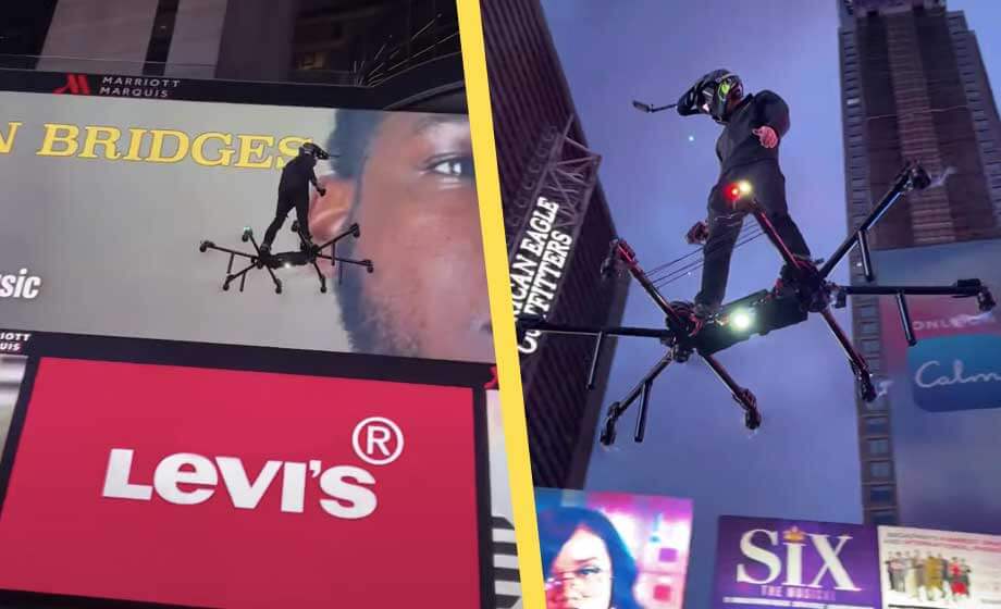 Hemmabyggd “Skysurfer” flyger över Broadway