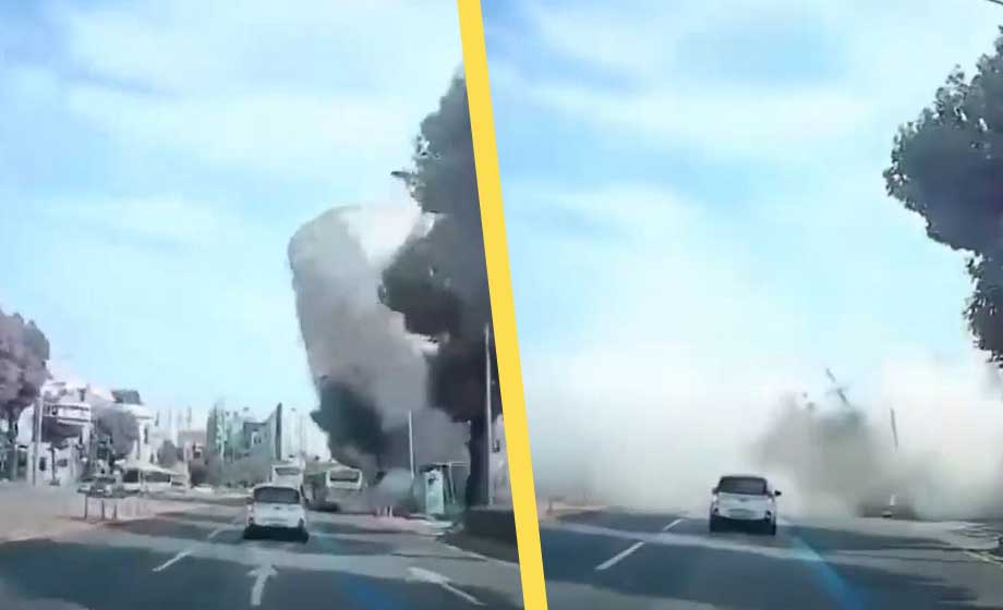 VIDEO: Här rasar bostadshus rakt ner på motorväg – nio döda