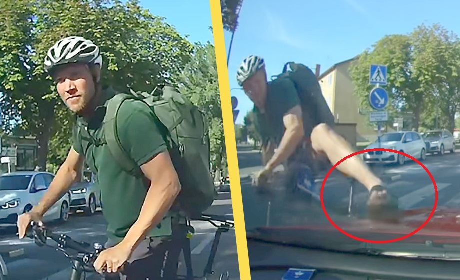 VIDEO: Cyklisten går till attack mot bilist – efterlyst för skada
