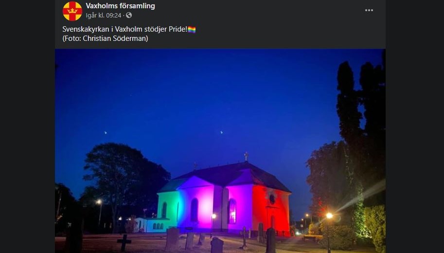 Svenska kyrkan lyser upp kyrka i Pridefärger