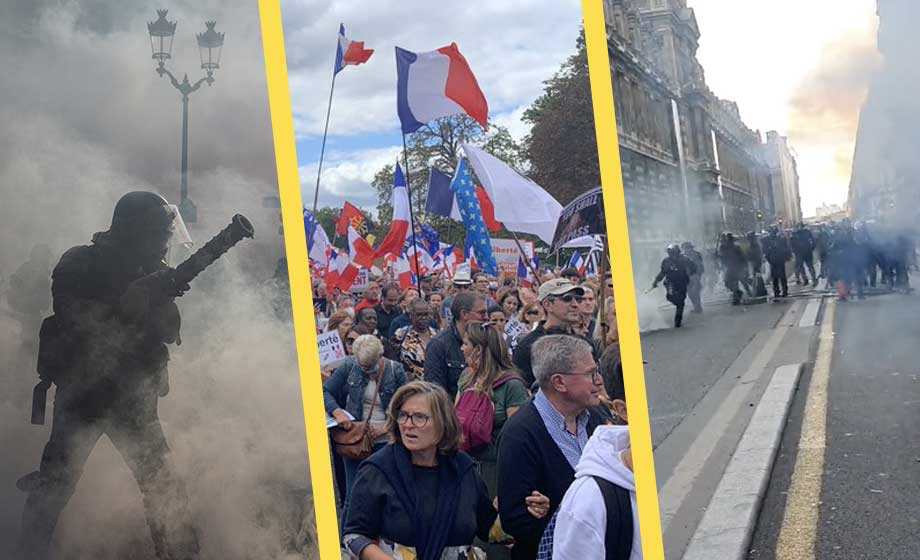 Brutala scener i Frankrike – polis och demonstranter drabbar samman om vaccinpassen