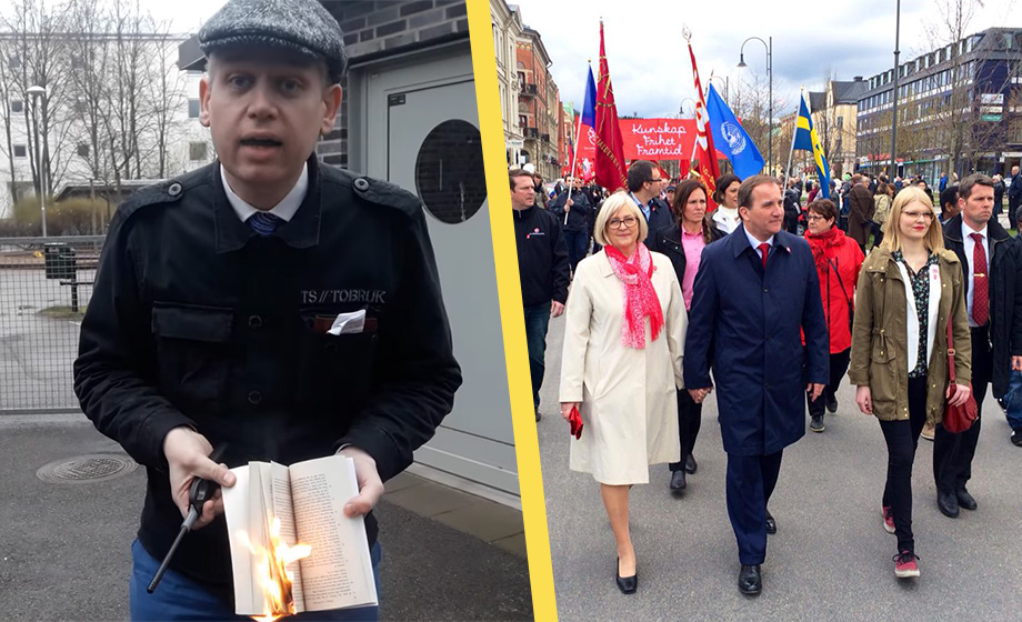 Paludan bränner koranen framför Socialdemokraternas första maj-tåg