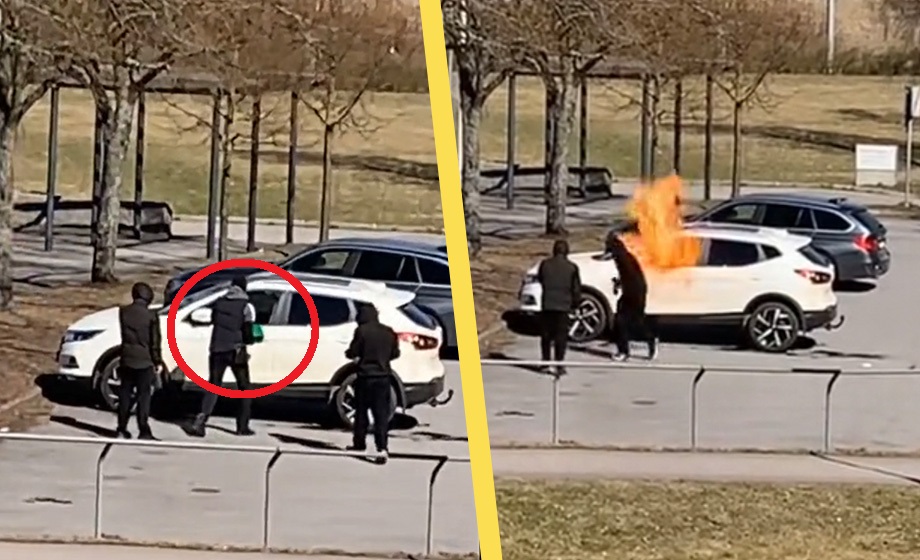 VIDEO: Se gänget bränna upp bilen