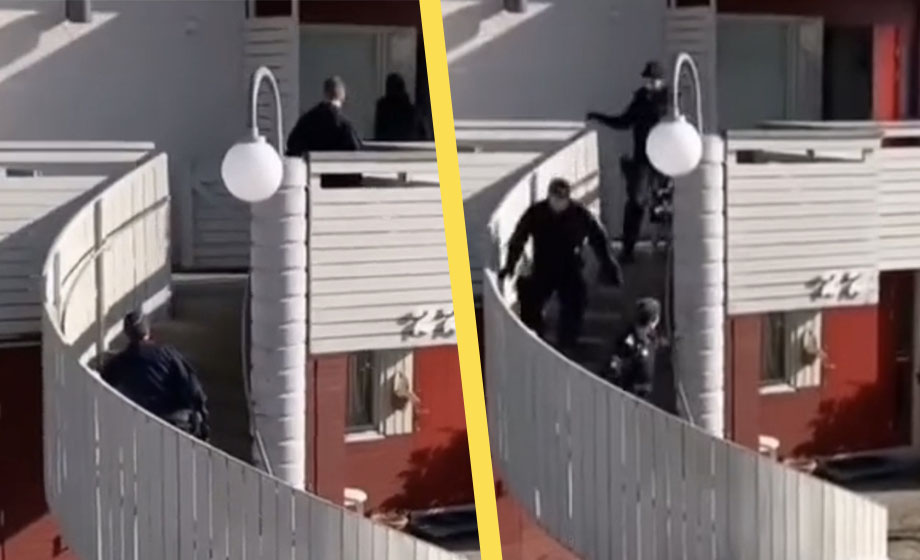 VIDEO: Polis får panik vid gripande – springer bort