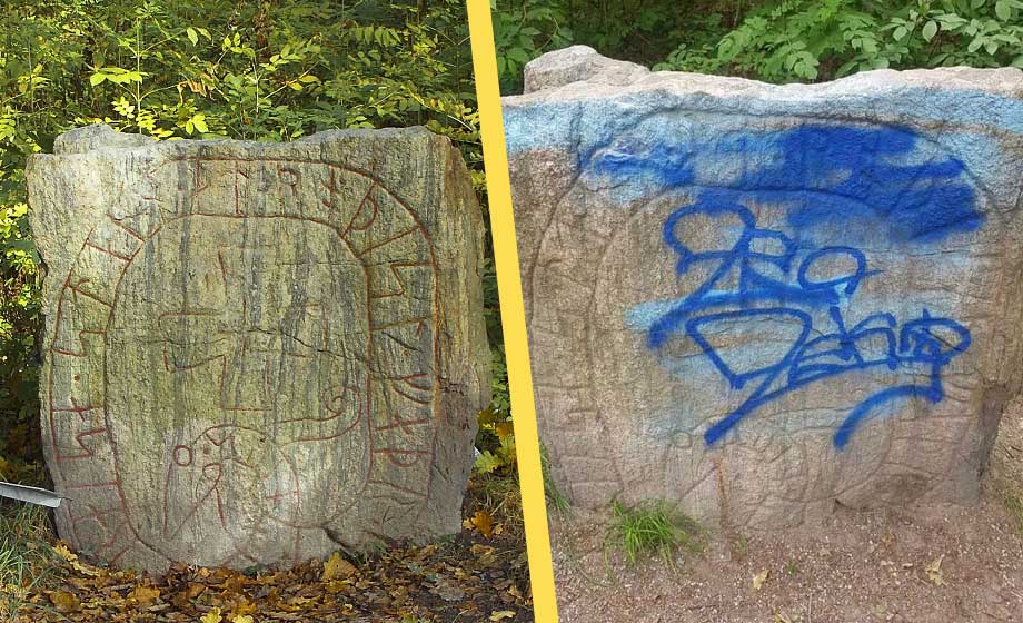 Runsten saboterad med klotter