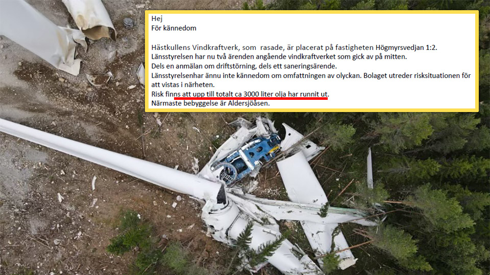 Tusentals liter olja läckte ut när vindkraftverk kollapsade