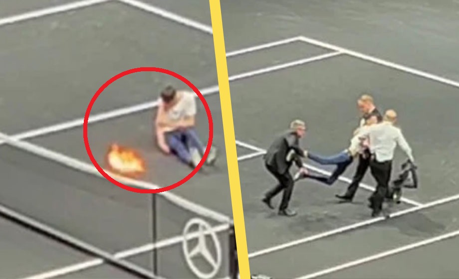 VIDEO: Klimatextremisten tänder eld på sig själv