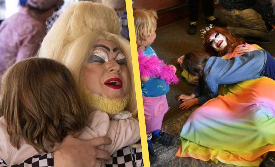 Män i kvinnokläder leker med barn i ”sagogrotta” – får skydd av väktare