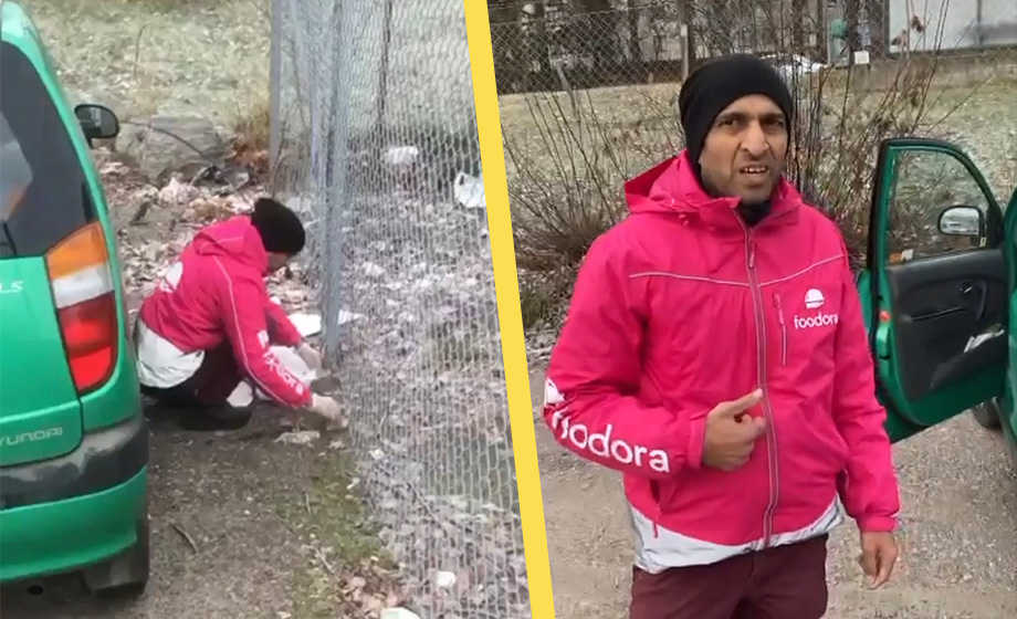 VIDEO: Matbudet bajsar vid budbilen – konfronteras av ordningsvakt