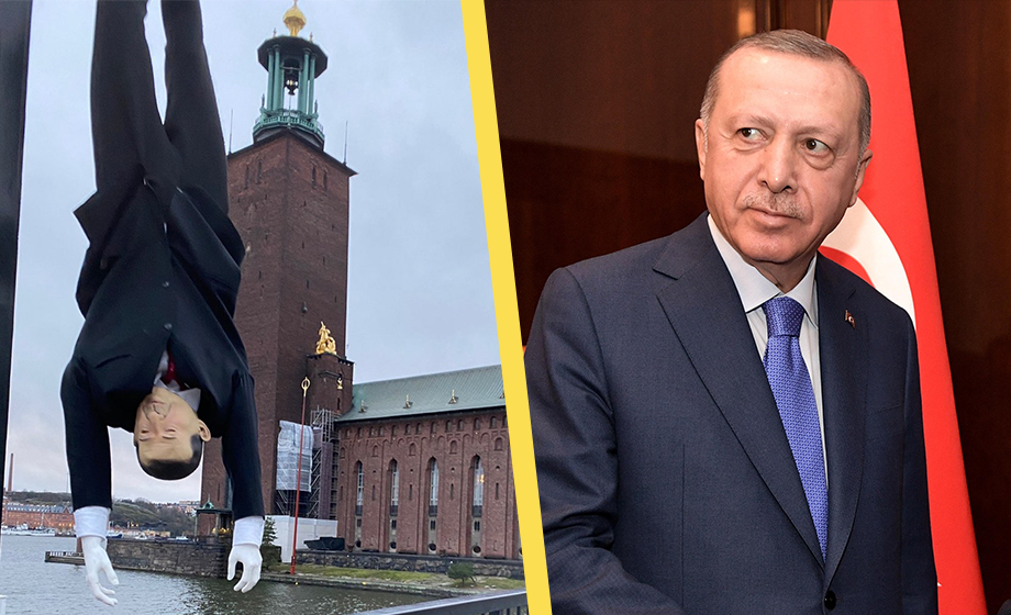 Erdogan-docka hängd utanför Stockholms stadshus – Turkiet rasar