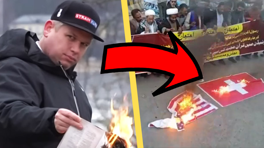 VIDEO: Muslimer bränner Schweiz flagga – i protest mot Paludan