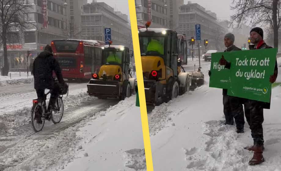 Här tackar Miljöpartiet cyklister i snöstormen