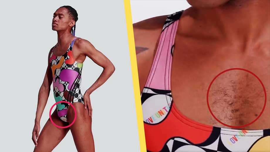 Adidas baddräktsmodell: transvestit med hår på bröstet