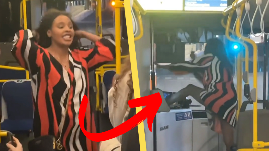 VIDEO: Se kvinnans sparkkaos på bussen – ”You are fucking white”