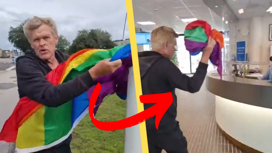 VIDEO: Här halar Tomas ned kommunens Prideflagga