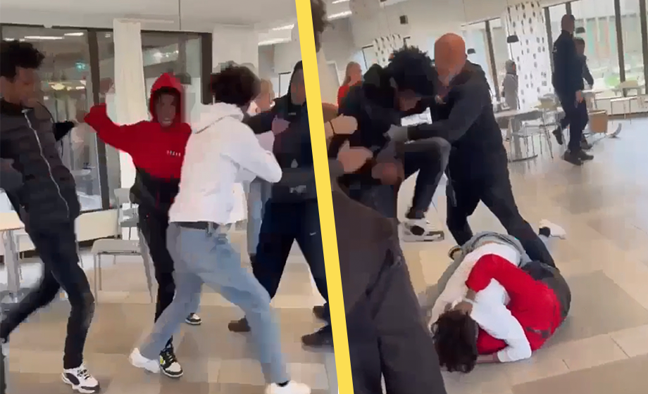 VIDEO: Se gängbråket framför lärarna i skolan