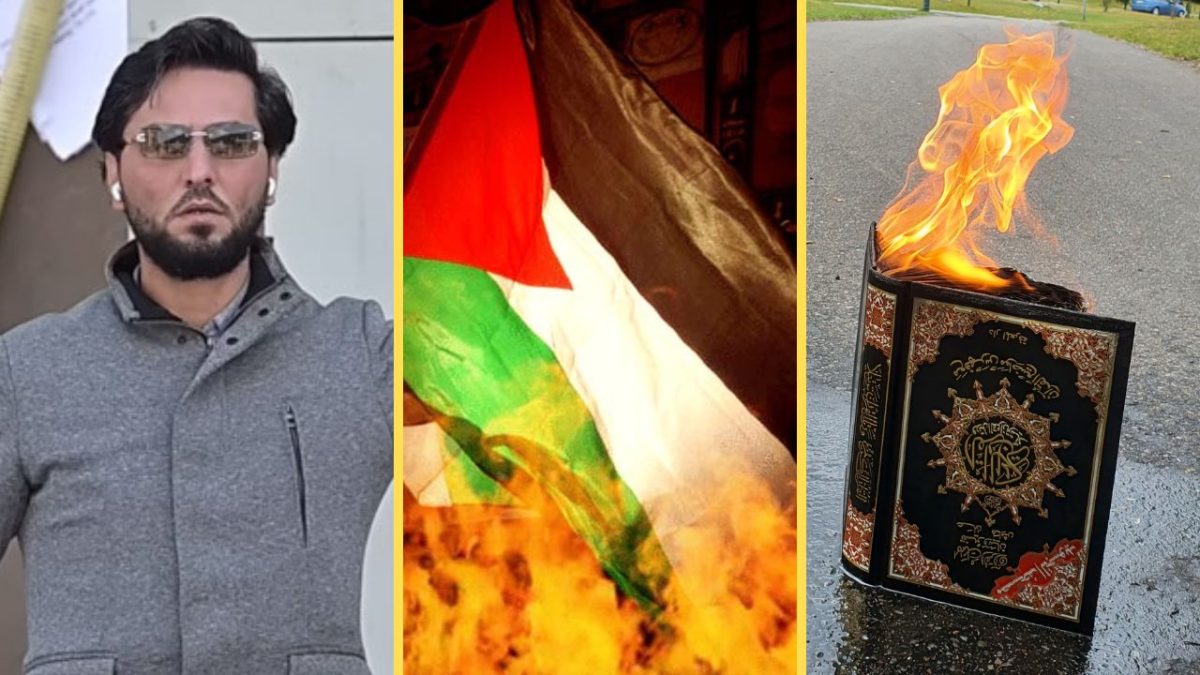 Salwan Momika bränner palestinska flaggan och koranen