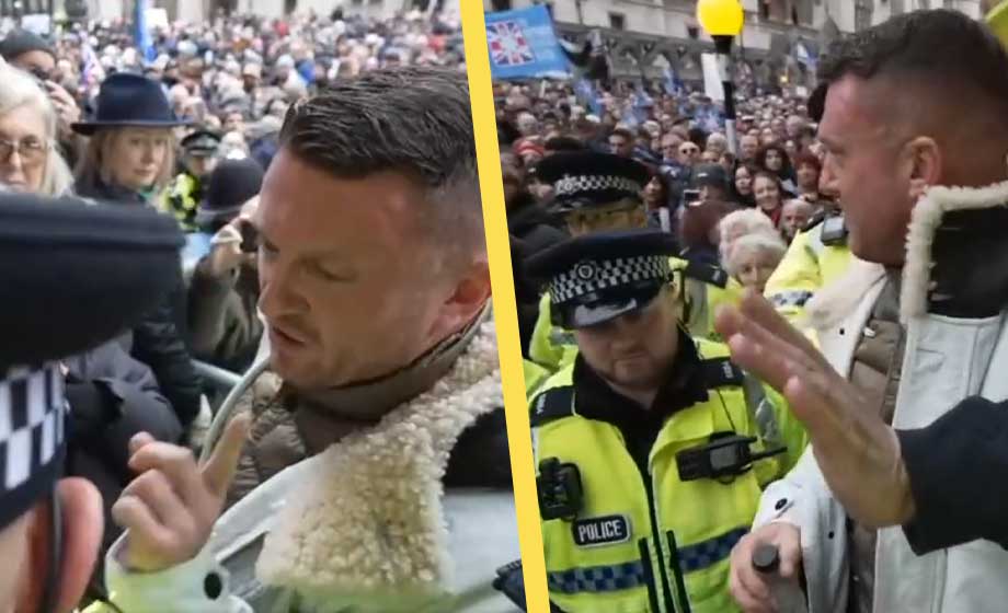 Tommy Robinson gripen vid demonstration mot antisemitism